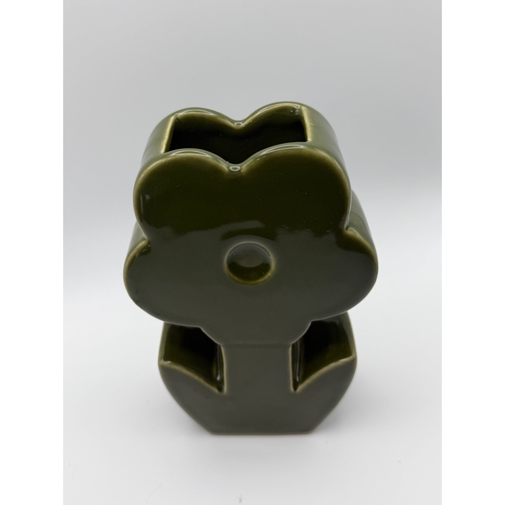 Olive Green Flower Shaped Ceramic Vase MCM Style Decor 6.25" NEW